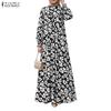 ZANZEA Damen Lässig Rundhals Locker Langarm Print Langes Kleid