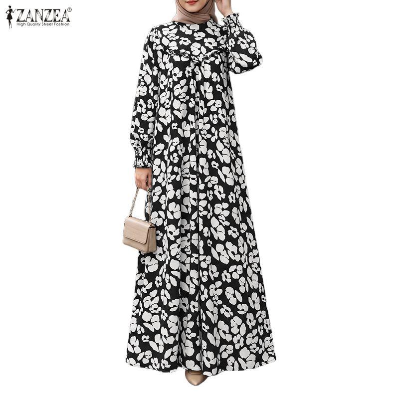 ZANZEA Damen Lässig Rundhals Locker Langarm Print Langes Kleid