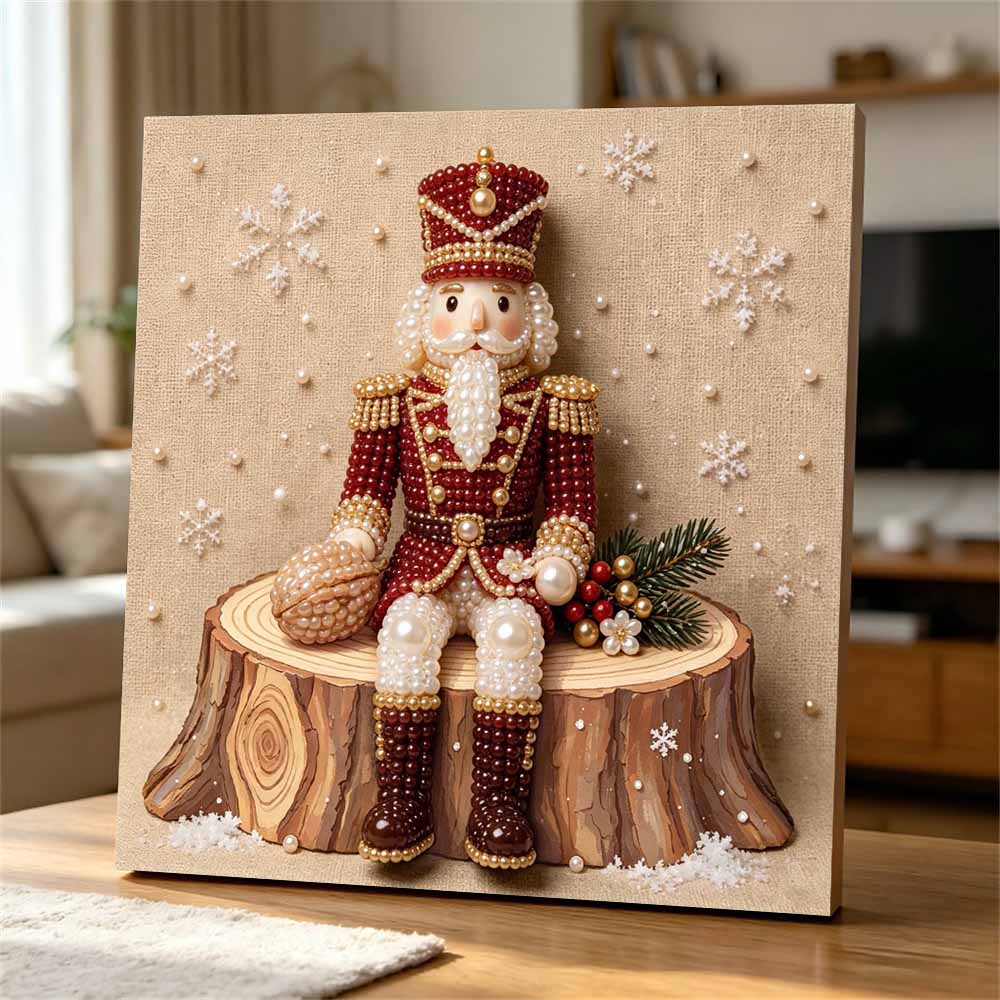 Framed Pearl Art DIY Kit with Christmas Nutcracker Soldier 3D Sparkling Bead Canvas Painting Handmade Gift for Home Decoration