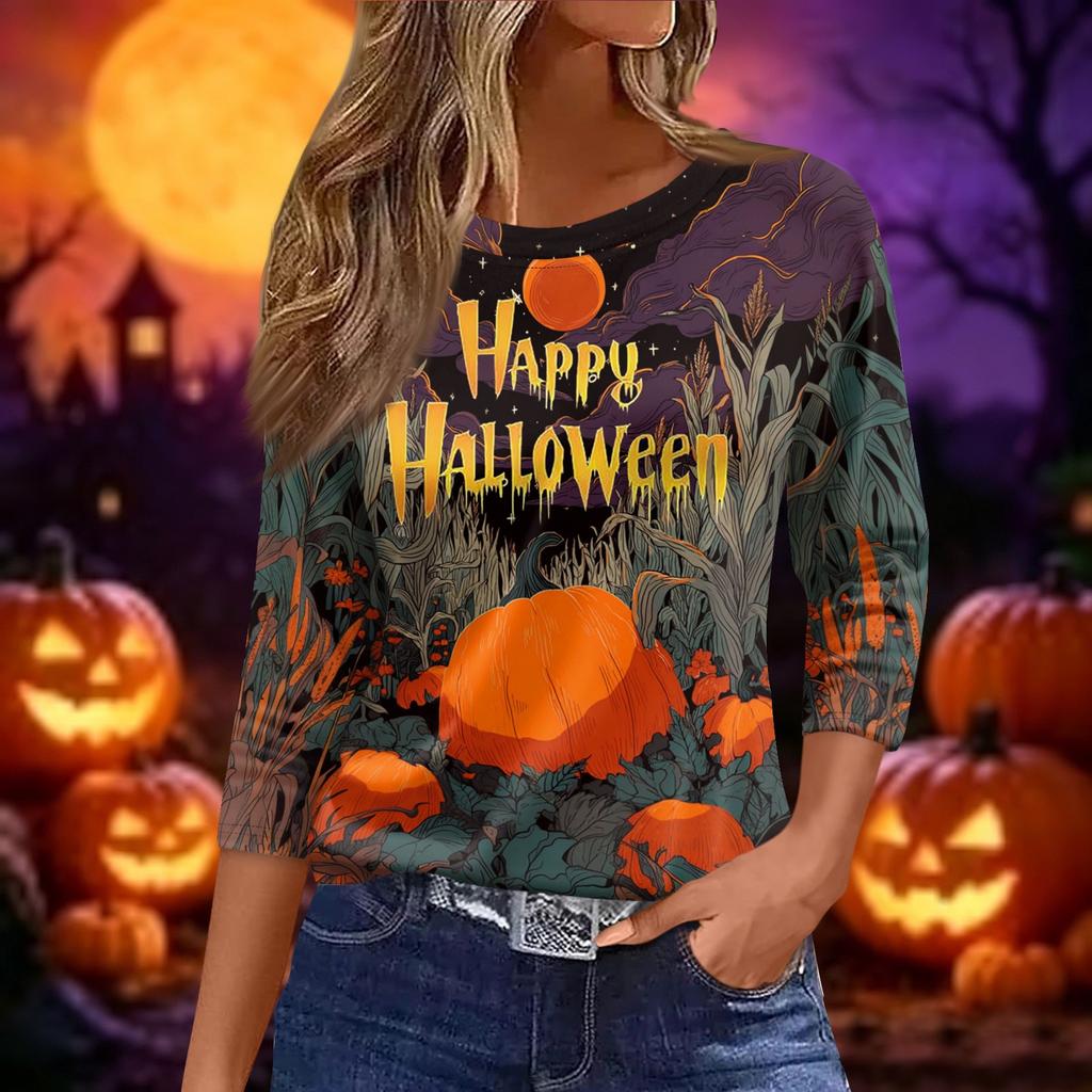 Women 3/4 Sleeve Casual Loose Fit Shirt Round Neck Pullover Halloween Print Top Lightweight Comfortable Blouse
