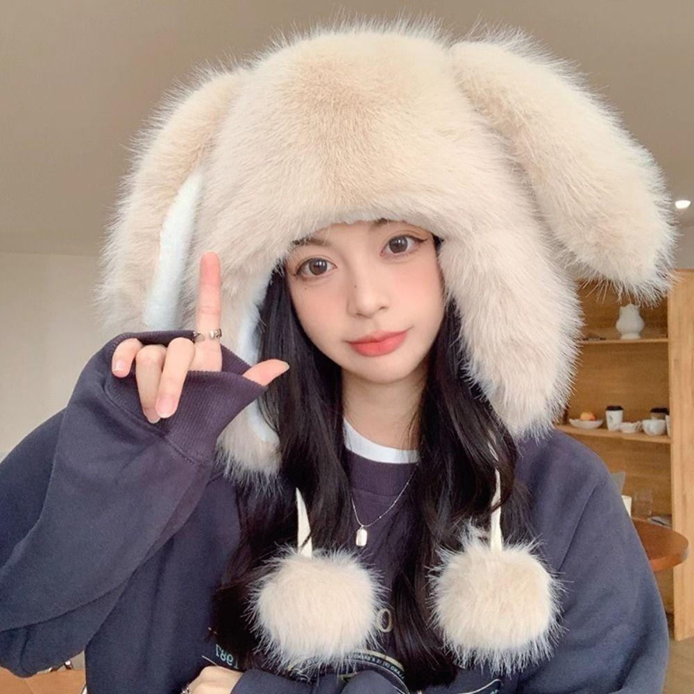 Ear Protection Hat Cartoon Overhead Cap Cute Rabbit Ears Hat  Autumn and Winter
