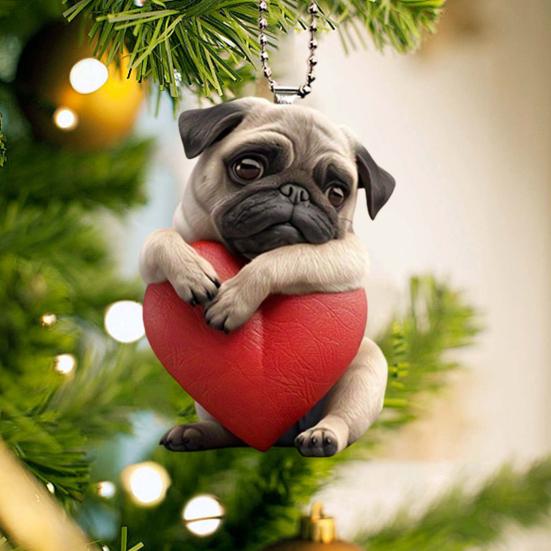 Acrylic Heart Dog Car Hanging Ornament Cute Puppy Pendant with Red Heart Car Rearview Mirror Decoration with Adjustable Strap