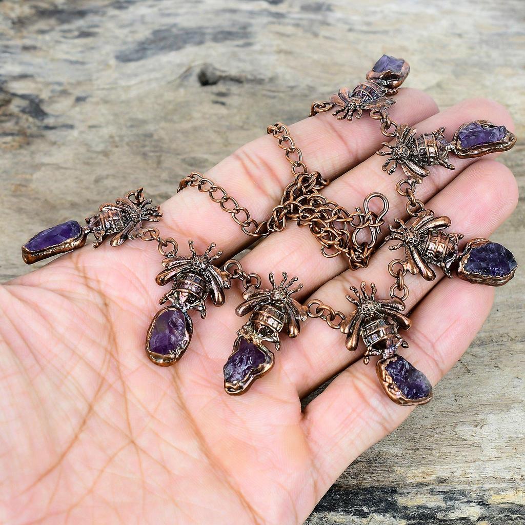 African amethyst rough necklace electroformed copper adjustable chain necklace honey bee necklace gemstone handmade jewelry gifts for women