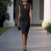 Damen Business Arbeitskleid Rundhals Ärmellos Raffung Bodycon Kleid Sommer Schlankheitsformend Formelles Etuikleid