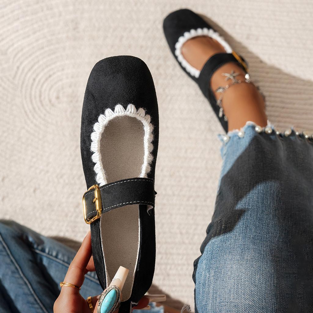 Damen Vintage Wildleder Mary Jane Ballerinas - Einfarbige tief ausgeschnittene Slipper für den Herbst, lässige Retro-Ballerinas