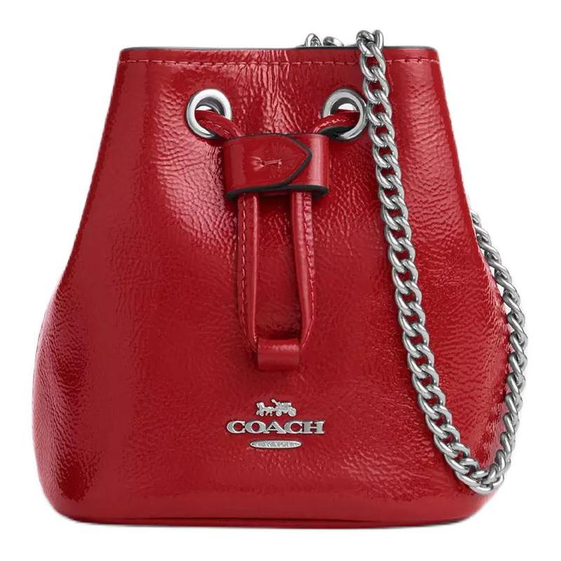 COACH Drawstring 12 Logo Drawstring Closure Patent Leather and Smooth Leather Clutch Mini Women s Red красный