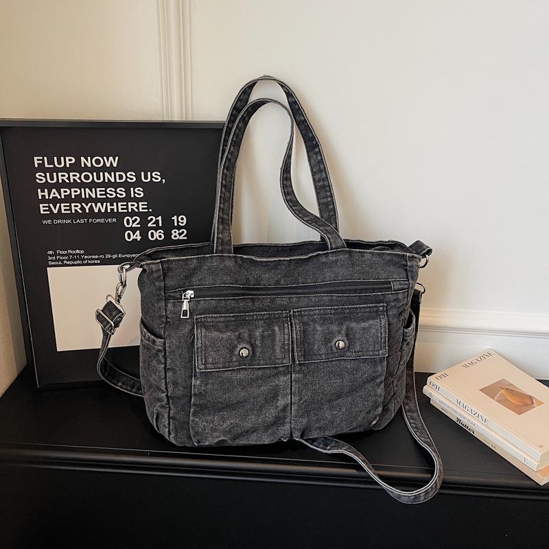 

New Vintage Harajuku Crossbody Bags Multi Pocket Denim Shoulder Bag Large Capacity Casual Fashi Textured Casual Commute Bag чёрный