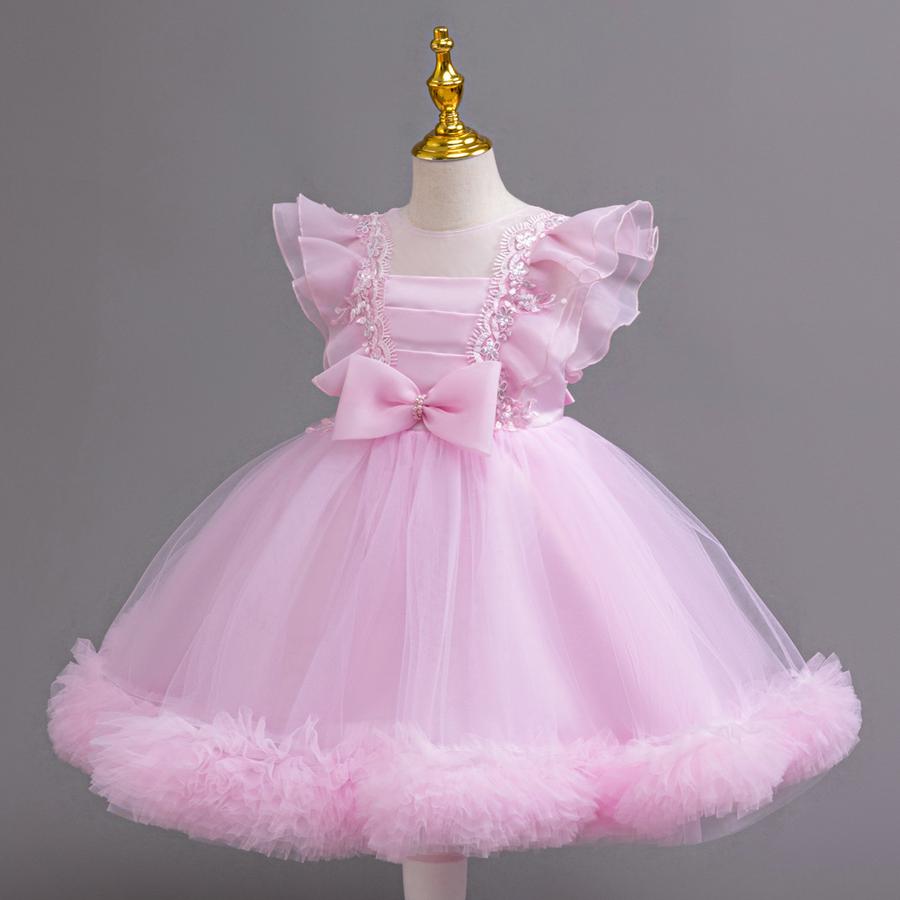 New Kids Net Lace Princess Dress with Frills, Large Size Girls' Birthday Outfit