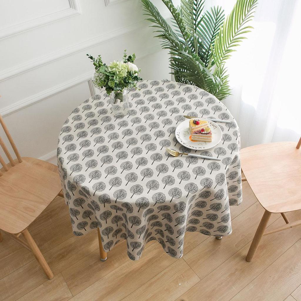 Nordic Style Cotton Linen Tree Print Tablecloth for Small Round Tables