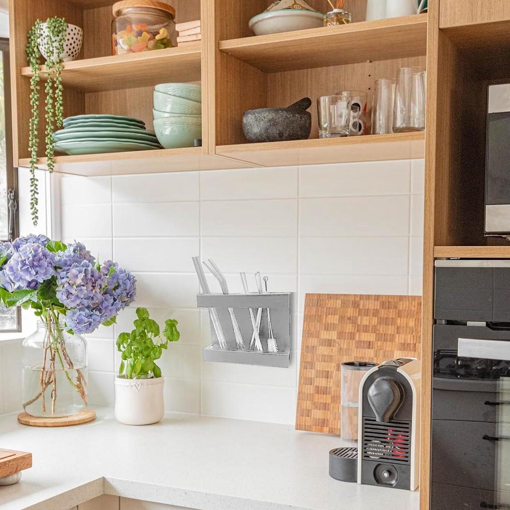 Wall Mount Straw Holder with Adhesive Bottom Drainage Acrylic Cabinet Door Reusable Straw Storage   for Kitchen Tabletop