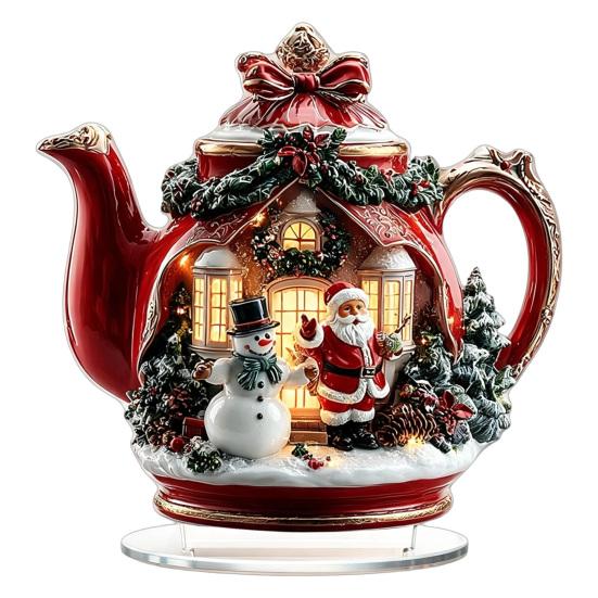 Winterurlaub Geschenkideen Weihnachten Acryl Tischdekoration, Zweiseitiges Schneemann Dorf/Kerze/Teekanne Haus Ornament Zweiseitig Bedruckte Schilder I black