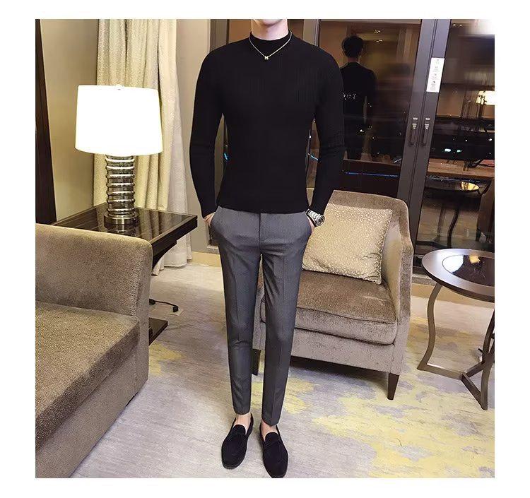 2026 Men's Striped Slim-Fit Knitwear: Autumn/Winter Long-Sleeved Half-High Neck Base Layer