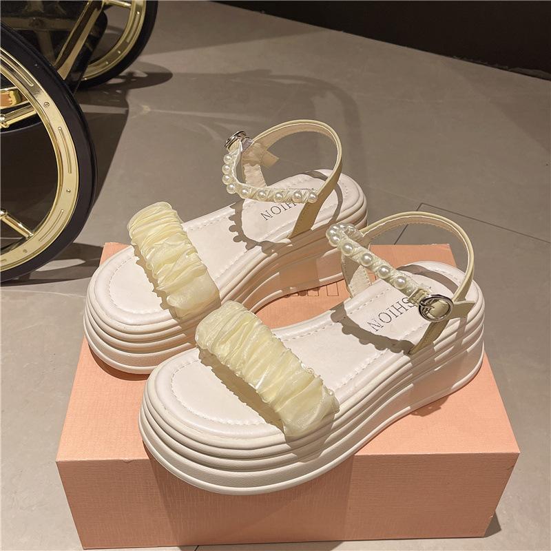 

Fashion sweet pearl platform sandals women s 2025 new Korean version one-word strap flat women s shoes comfortable beach shoes 40 жёлтый