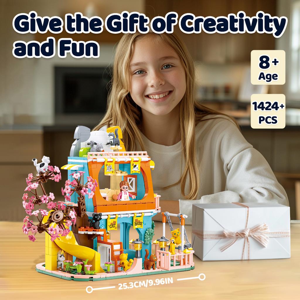 Non-Toxic 521Pcs Cute Cat Home Building Blocks Slide Cherry Tree Building Model Bricks Set With Figures Kids Educational Toys Holiday Gift
