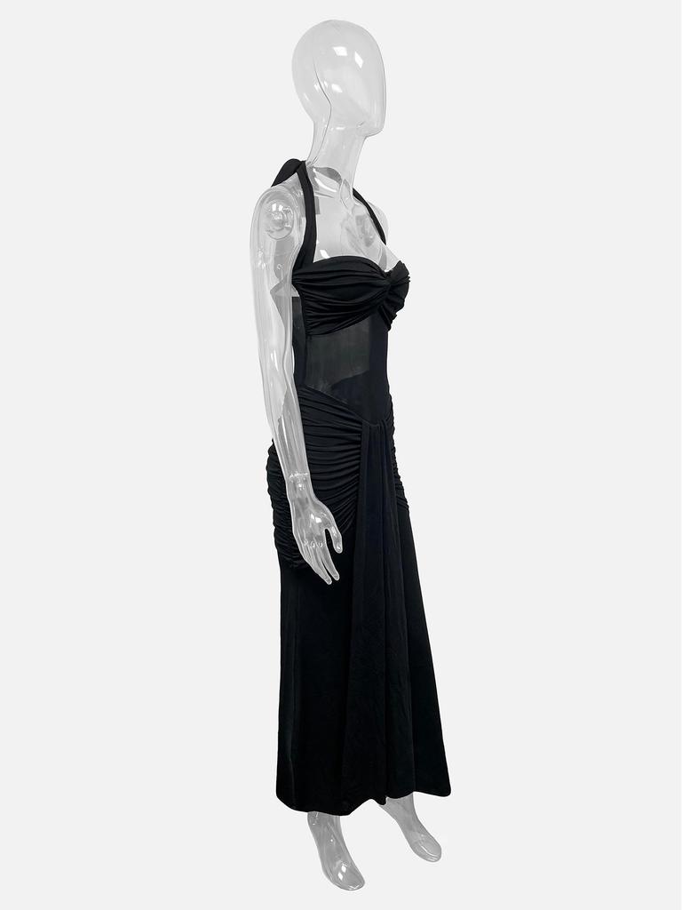 2026 European Women's Fashion: Pleated Mesh Halter Dress