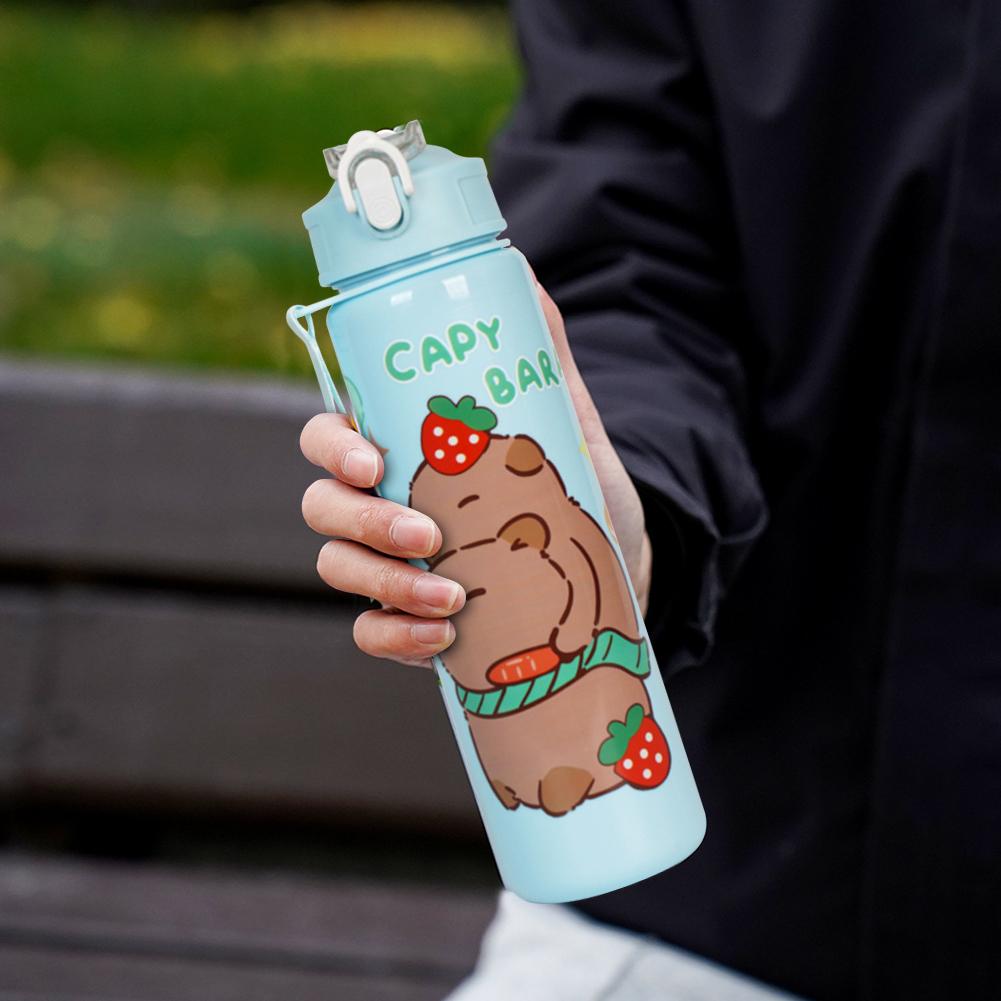700ml Capybara Plastic Water Bottle Leakproof Cute Drink Bottle with Straw and Carry Strap for Outdoor Camping Drinking Tools