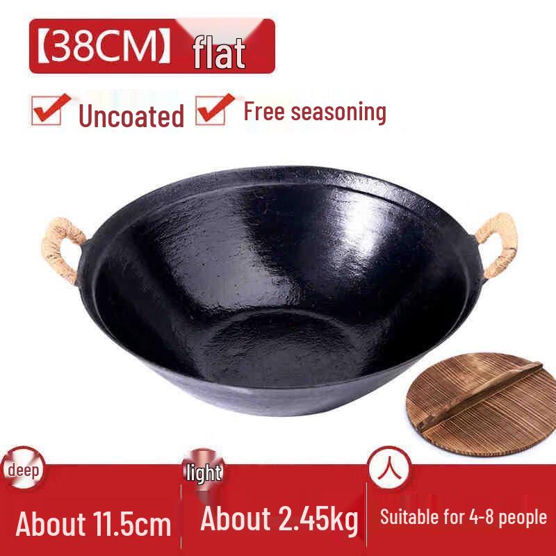 HANDUNYOU 38cm Non-Coated Cast Iron Wok with Wooden Lid