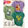 Lele Directional Three-piece set for women, elegant style T Shirt Hibiscus autumn leaves and berries floral print with an artistic and whimsical