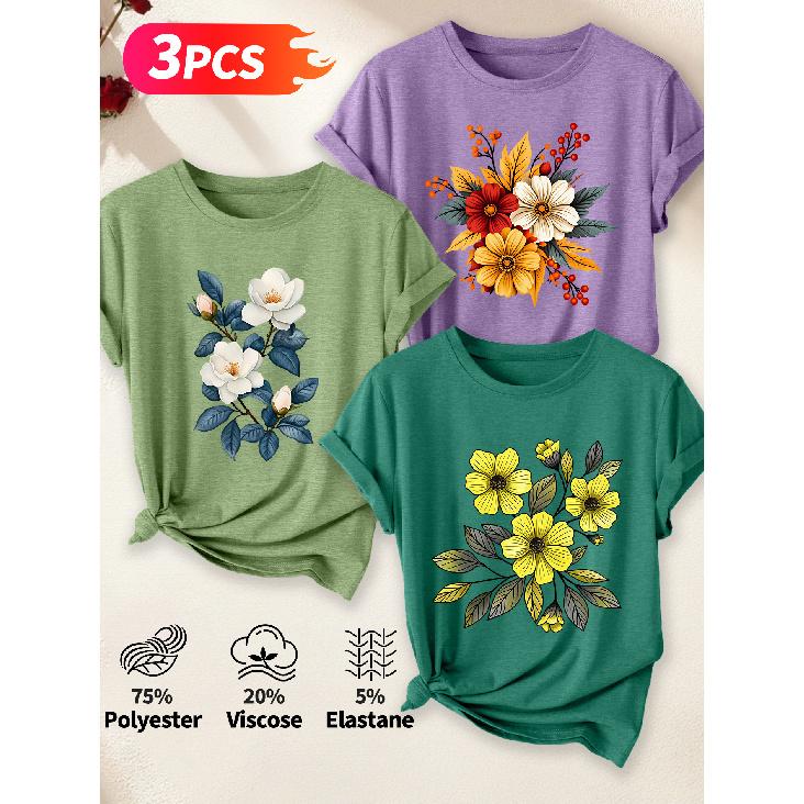 Lele Directional Three-piece set for women, elegant style T Shirt Hibiscus autumn leaves and berries floral print with an artistic and whimsical