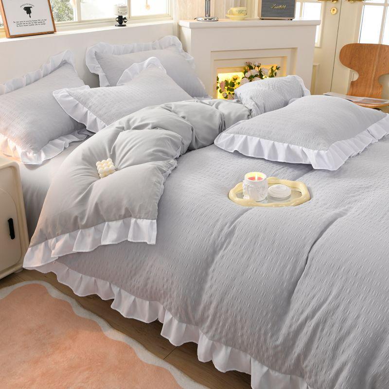 

G5Z Korean Style Princess Double Layer Lace Bedding Set - 4 Pieces 1.2 Bed Sheet 3-piece (Duvet Cover 150x200cm)