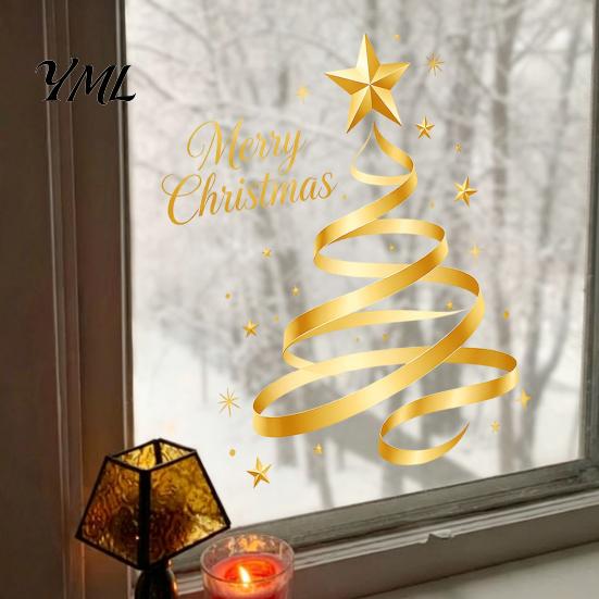 Seasonal Home Decoration Gold Ribbon Christmas Tree Static Cling Window Decal, Merry Glass Clings Sticker with Stars, Reusable Holiday Decor for Shop