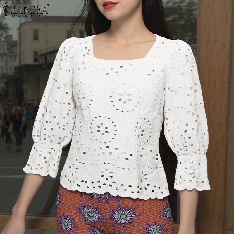 ZANZEA Women Casual Square Neck 3/4 Sleeve Loose Patchwork Lace Crochet Blouse