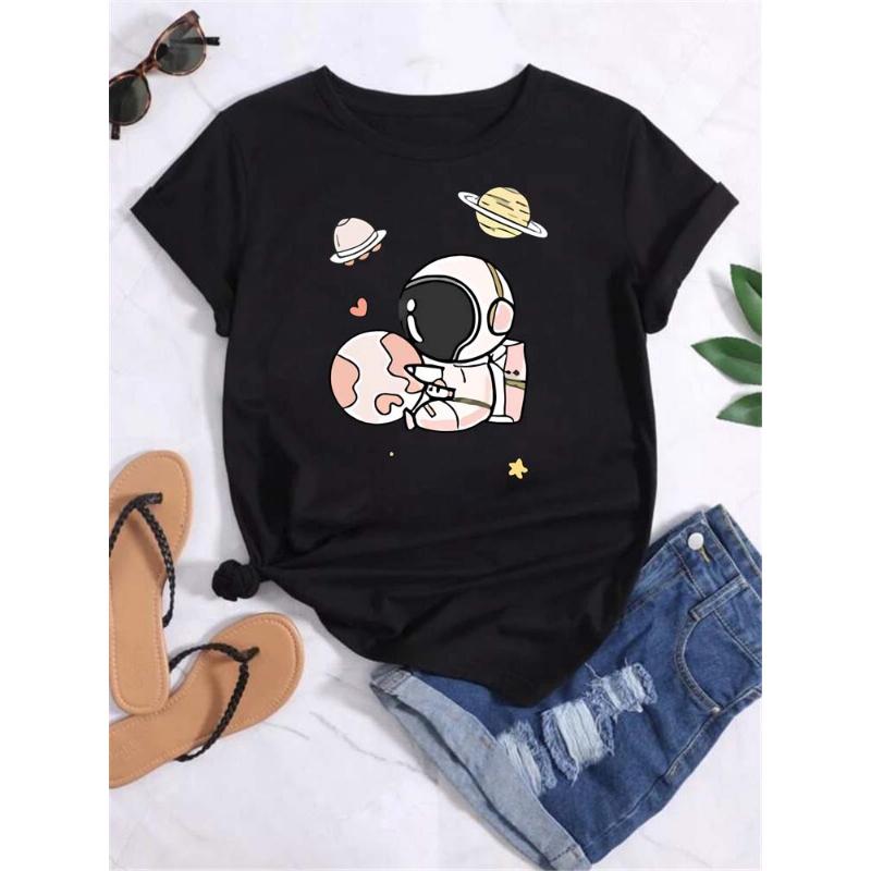 Maycaur T-shirt Dam Måne Planet Tryck Mode T-shirts Casual Rund Hals Kort Ärm Streetwear Dam T-shirt Vintage Toppar