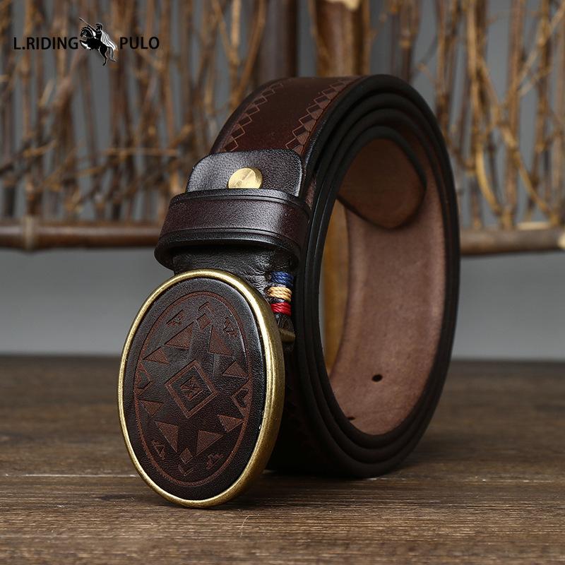 

Retro Laser Engraved Pattern Trendy All-match Smooth Buckle Belt Plate Buckle Genuine Leather Pure Cowhide Belt 100cm чорний