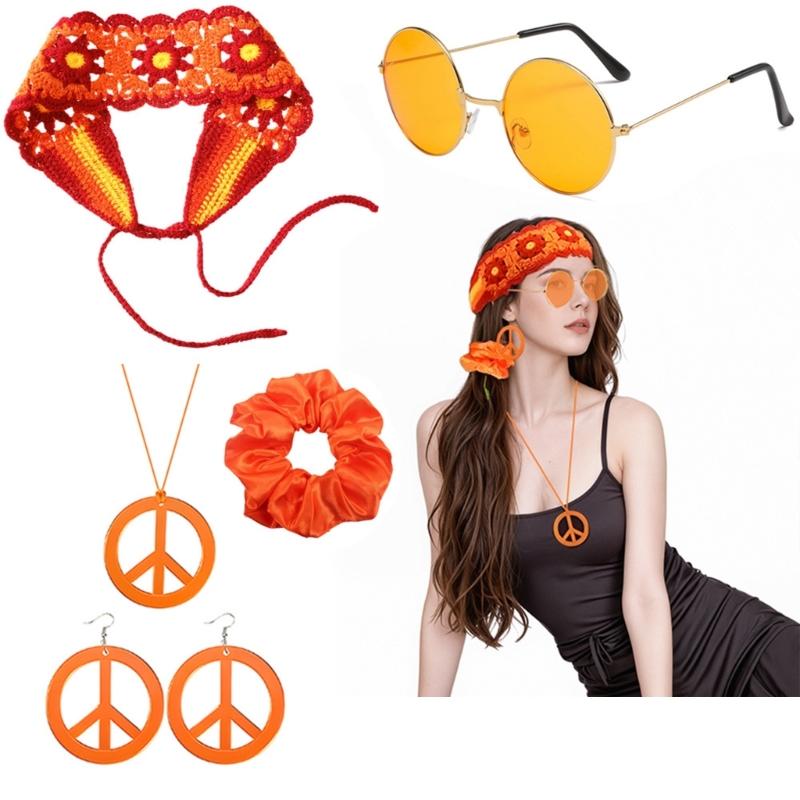 1970er Hippie Schmuck Accessoires Gestricktes Stirnband Halskette Ohrring Haargummi Brille für Damen 70er 60er Mottoparty