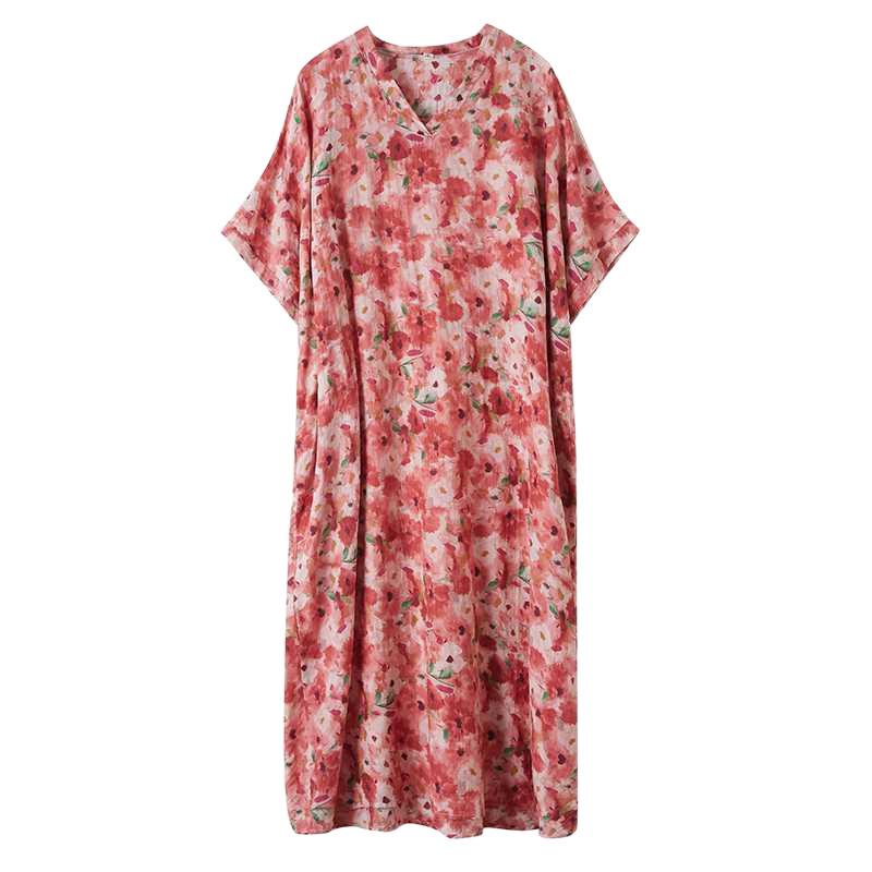 Summer Floral Vacation Style Travel V-neck Retro Long Dress To Hide The Flesh Cotton and Linen Dress