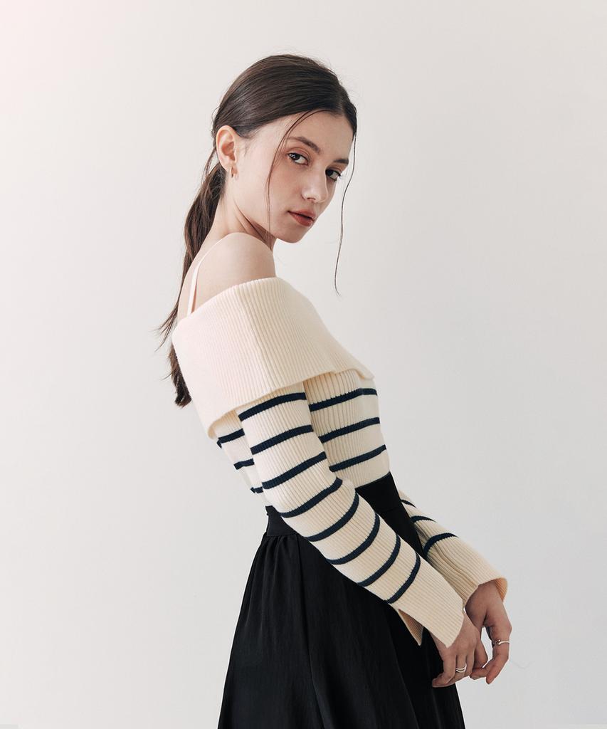 ZEROSTREET Soft Off-Shoulder Knit / Striped Ivory