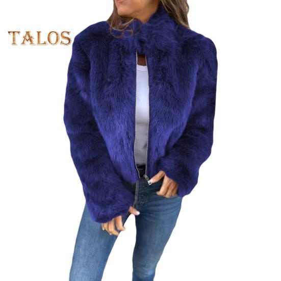 

Зимняя женская куртка из искусственного меха лисы с высоким воротником, уютная куртка на молнии, однотонная, для холодной погоды, знаменитая верхняя одежда для отдыха на открытом воздухе L синий