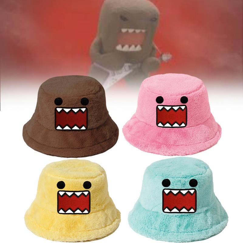 Kun Plush Domo Bucket Hat Cartoon Anime Warm Fluffy Flat Roof Cap For Men Women