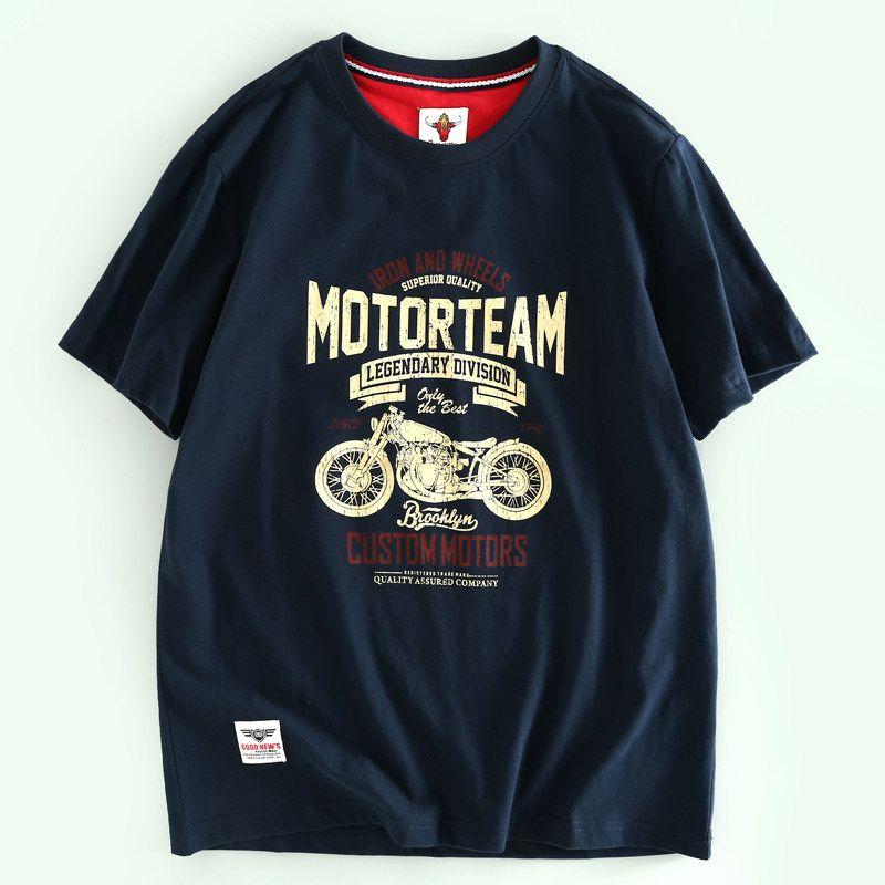 Foreign Trade Export Balance Cut the Tag Off Pure Cotton Short Sleeve T-shirt Men Summer Heavy Weight Sanding Retro Locomotive Print Half Sleeve Shirt