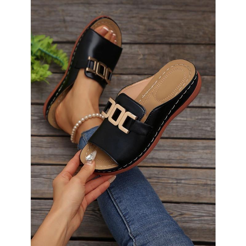 Women's Plus Size Platform Slide Sandals, Metallic Buckle Chunky Heel Summer Shoes