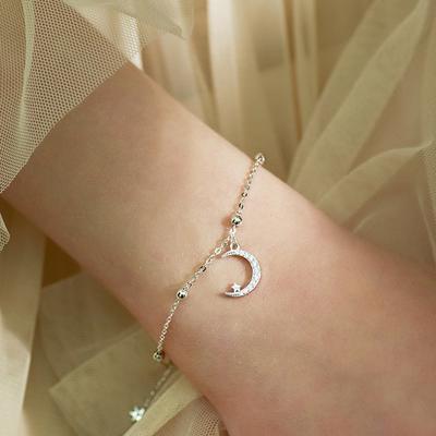 Sterling Silver S925 Silver Bracelet Small Fresh Bracelet for Women Cute Shiny Crescent Moon Bracelet Round Bead Star Moon Bracelet