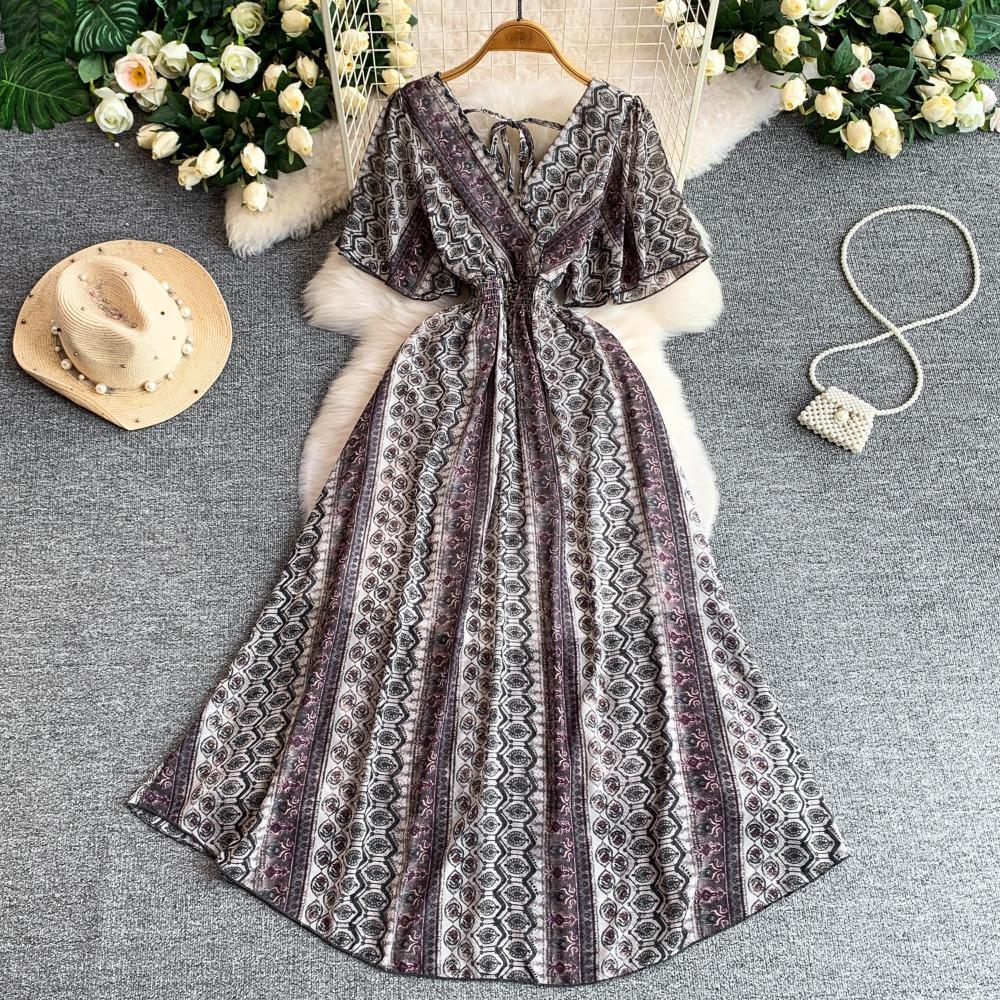 Women's V Neck Floral Chiffon Maxi Dress High Waist A-Line Casual Dress for Summer Vacation