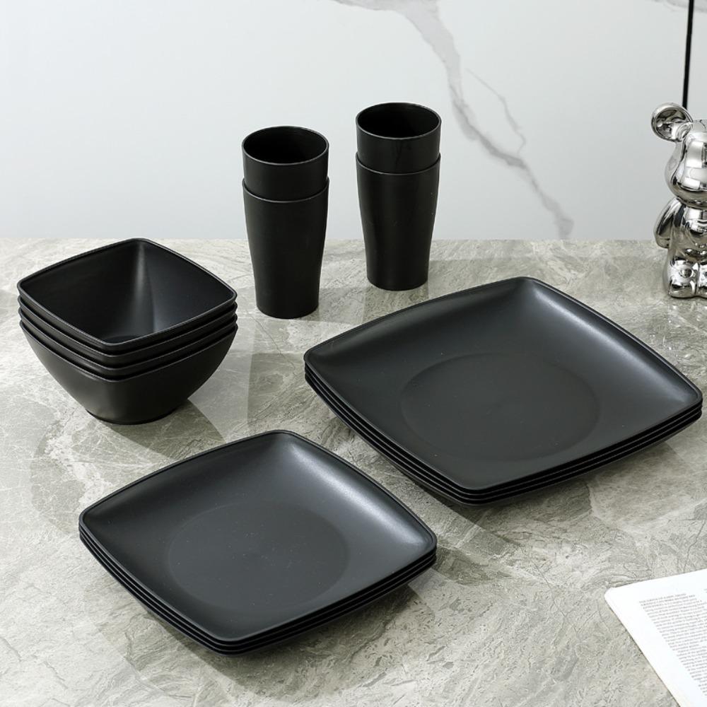 16pcs/Set Reusable Plastic Dinnerware Set Square Dinner Plate Set Tableware Suit  Restaurant