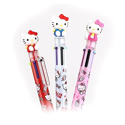 JVPEN WRITING INSTRUMENT Wociud Hello Kitty 0.7mm 6-Color Multicolor Ballpoint Pen with Hello Kitty Figure (Set of 3)