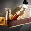 30-50cm Brushed Gold Bathroom Corner Shelf Wall-mounted Shower Room Toilet Walnut Wood Cosmetic Storage Rack with Hook Rod