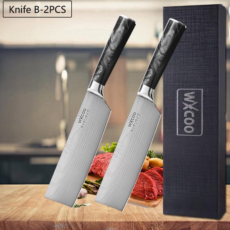 WXCOO Professional Kitchen Knives Household Meat Cleaver Serrated Steak Knives Japanese Santoku Fish Fillet Knife with Box