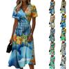 Vestito Casual da Donna a Maniche Corte con Scollo a V e Stampa Floreale Hawaiana, Lunghezza Midi, Leggero, Estivo, con Elastico in Vita