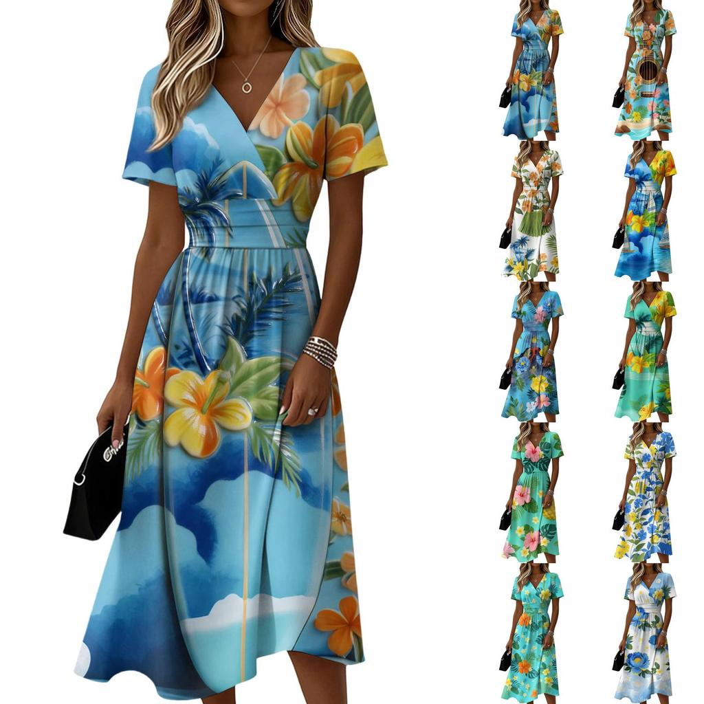 Women Hawaiian Floral Print Casual Short Sleeve V Neck Dress Midi Length Lightweight Summer Dress with Elastic Waist