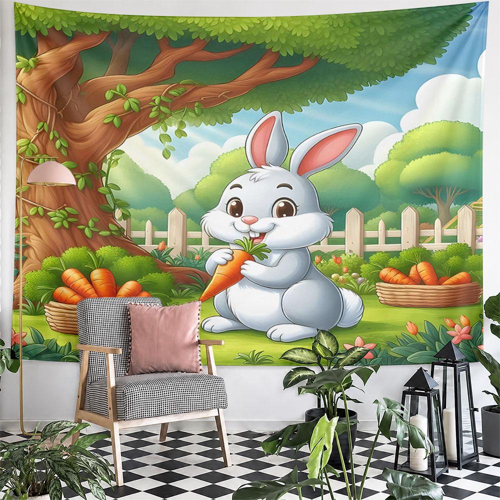 Cute Bunny Eating Carrot In Garden Pattern Wall Hanging Tapestry Decorative Tapestry Home Decor for Bedroom and Living Room