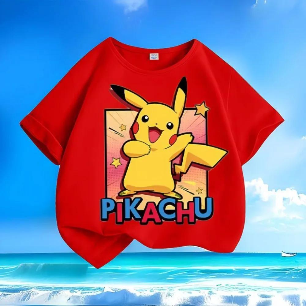 2026 Pokémon Anime Childrens Cotton Tshirt Comfortable Cute Pikachu Shortsleeved Versatile Round Neck Printed Top for Boys