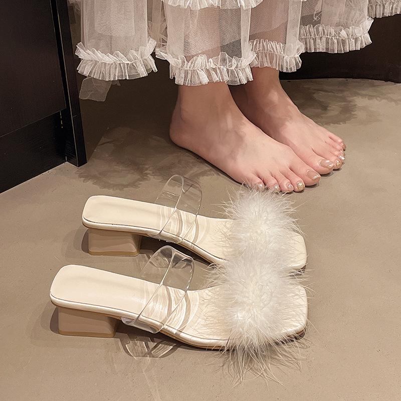 Beautiful fluffy cool slippers women's summer wear new fashion crystal thick high heel one-word drag
