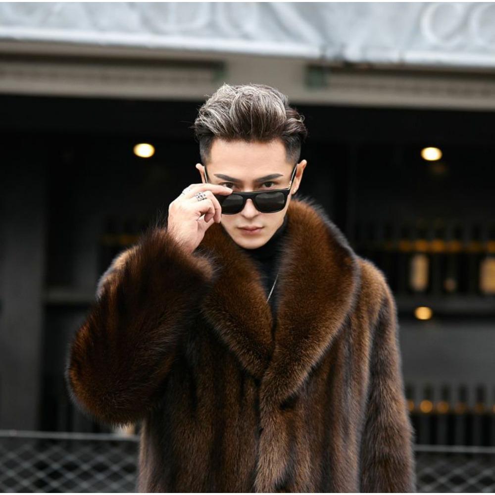 Herren Nerzmantel Mittellang Herbst und Winter Vollnerzkragen Übergröße Waschbärfellmantel Pelzjacke