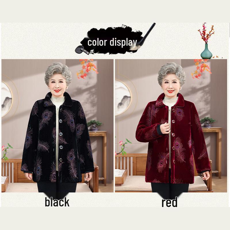 Women's Winter Warm Mid-Length Cotton Jacket for Middle-Aged and Elderly with Thick Velvet Lining