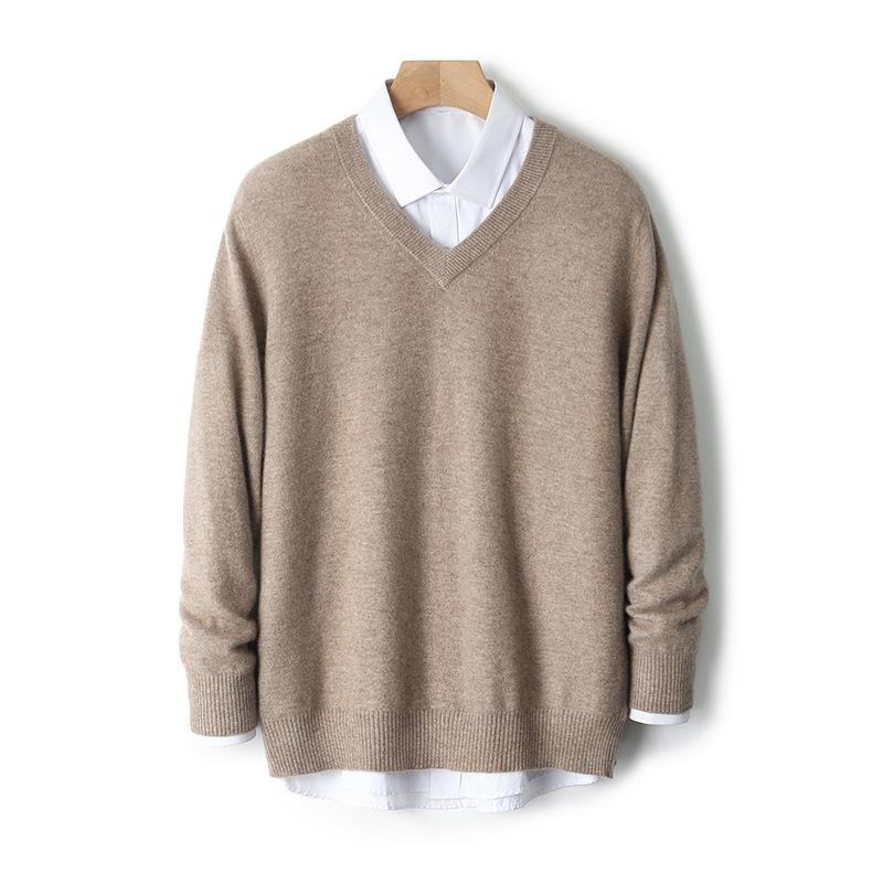 Men's V-Neck 100% Pure Wool Sweater - Solid Color, Short/Long Sleeve, Cashmere Knit Base Layer for Autumn/Winter