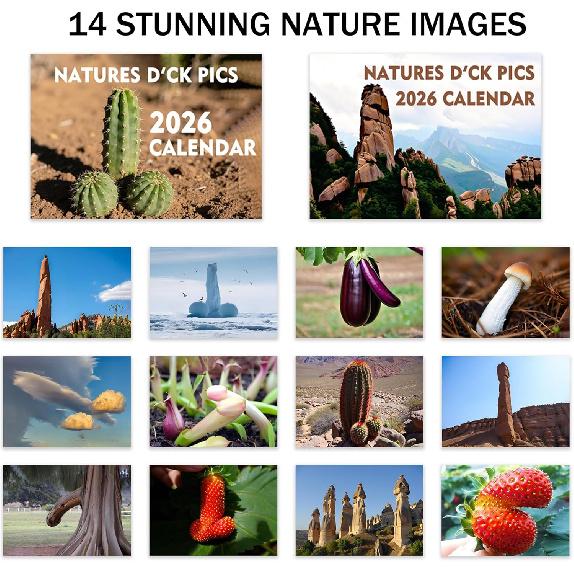 Nature's D*ck Pics Calendar 2026 – Funny Wall Calendar with Unique Rock Photos, 11”x8” for Adults, Perfect Gag Gift for White Elephant & Dirty